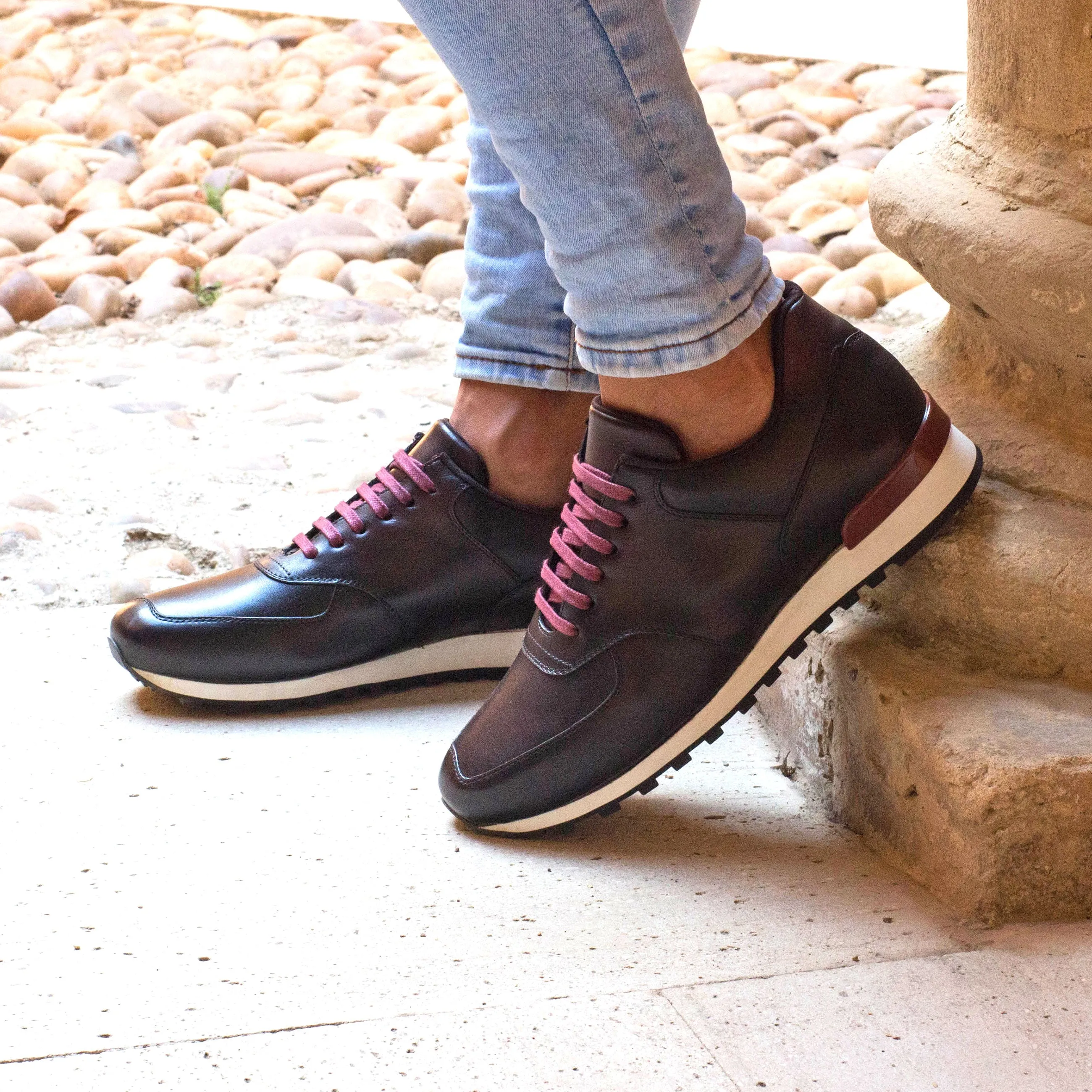 Brown & Burgundy Calf leather Jogger Sneakers