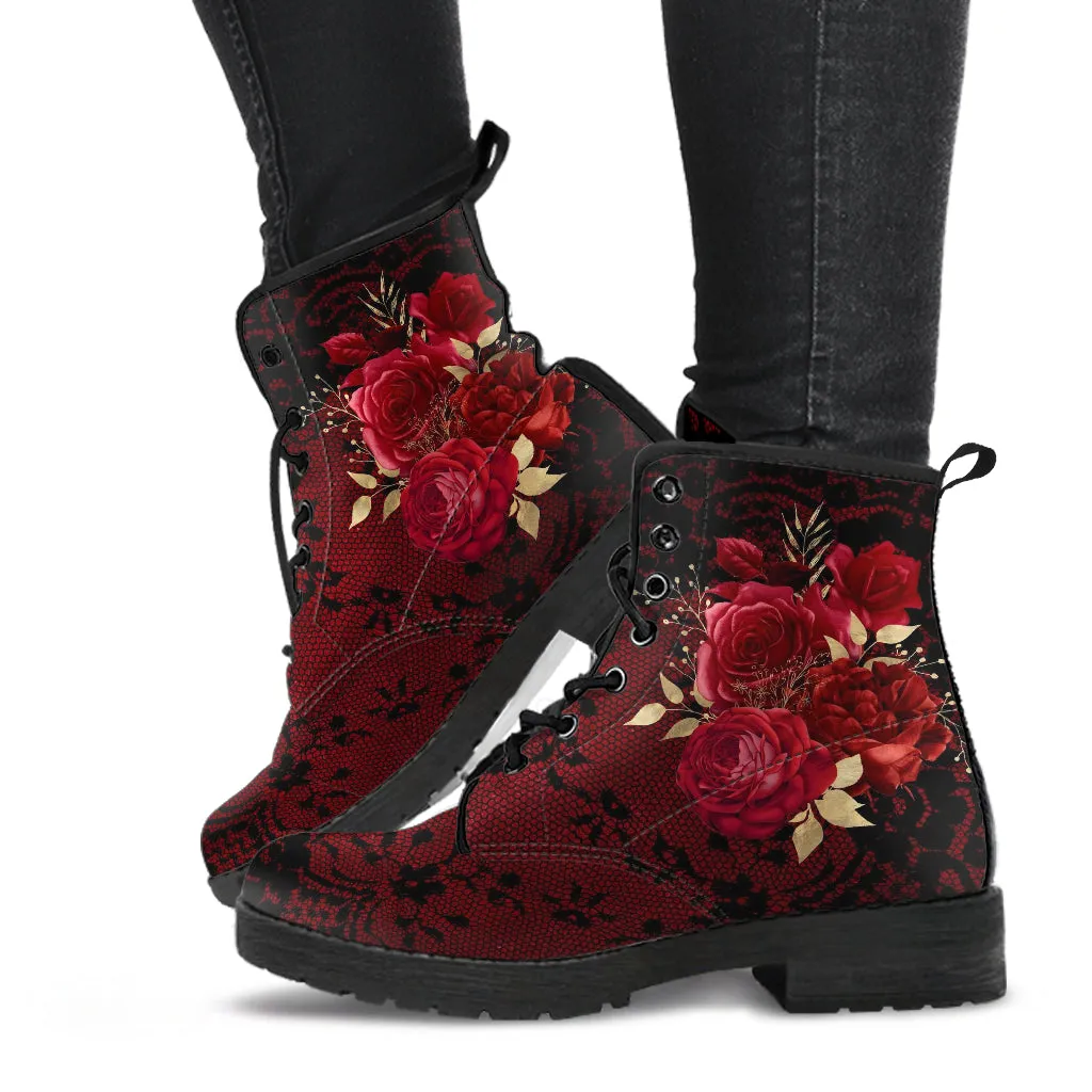 Combat Boots - Beautiful Flowers #107 Red | Cute Kawaii Aestheric Womens Boots, Custom Shoes, Gift for Her