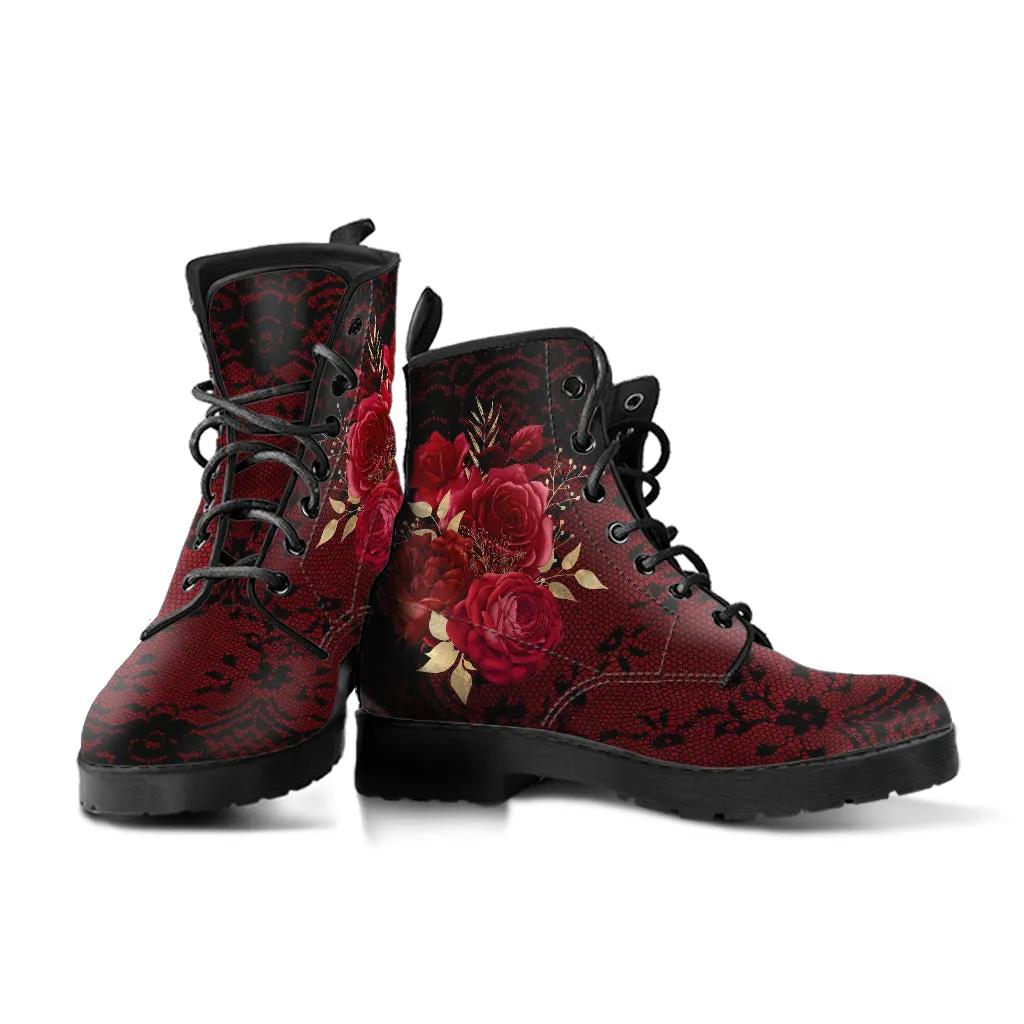 Combat Boots - Beautiful Flowers #107 Red | Cute Kawaii Aestheric Womens Boots, Custom Shoes, Gift for Her