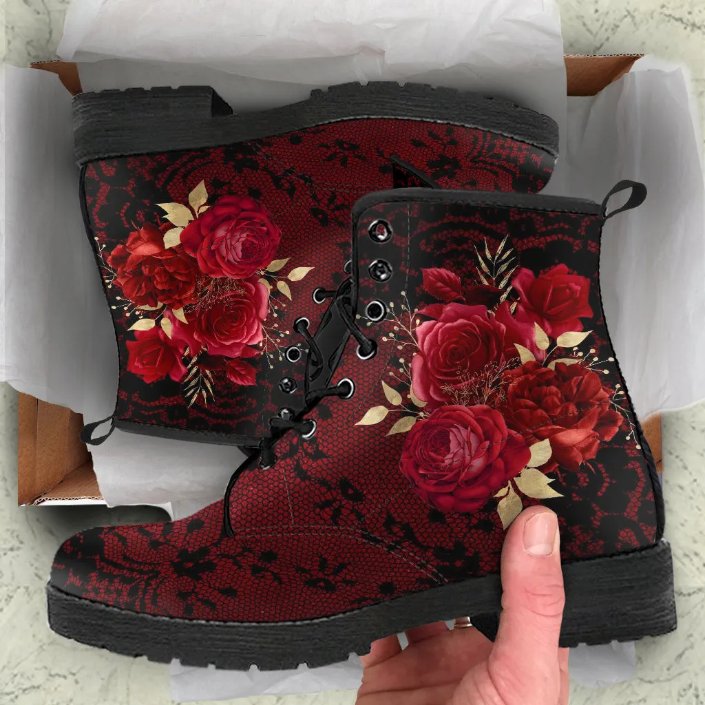 Combat Boots - Beautiful Flowers #107 Red | Cute Kawaii Aestheric Womens Boots, Custom Shoes, Gift for Her