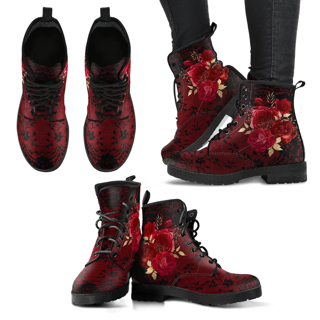 Combat Boots - Beautiful Flowers #107 Red | Cute Kawaii Aestheric Womens Boots, Custom Shoes, Gift for Her