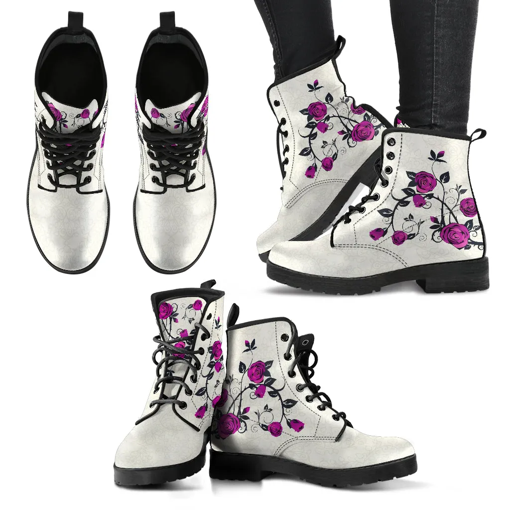 Combat Boots - Rose Art, Purple | Unisex Adult Shoes, Vegan Leather Handmade Lace Up Boots, Custom Shoes Boho, Vintage Style, Aesthetic