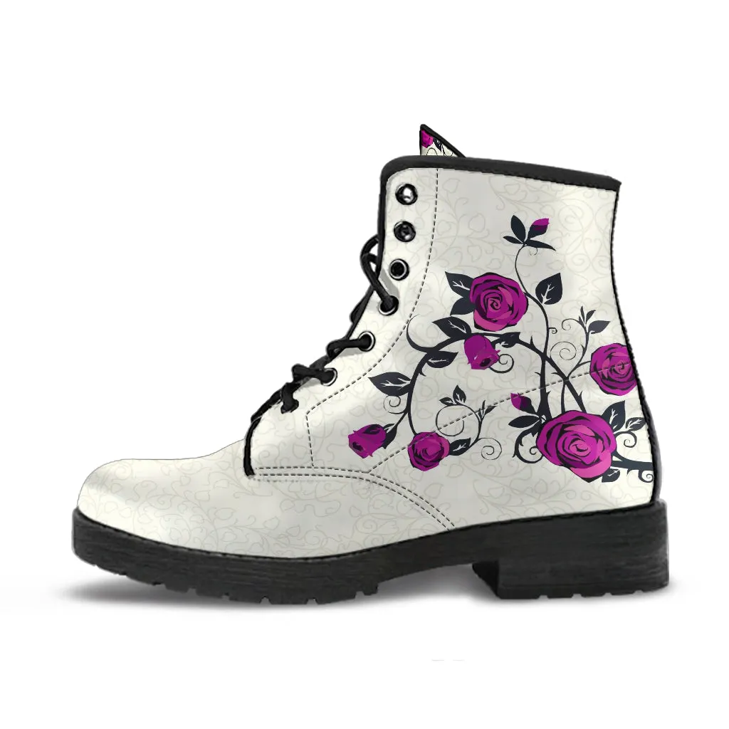 Combat Boots - Rose Art, Purple | Unisex Adult Shoes, Vegan Leather Handmade Lace Up Boots, Custom Shoes Boho, Vintage Style, Aesthetic