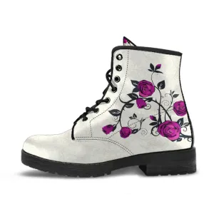 Combat Boots - Rose Art, Purple | Unisex Adult Shoes, Vegan Leather Handmade Lace Up Boots, Custom Shoes Boho, Vintage Style, Aesthetic