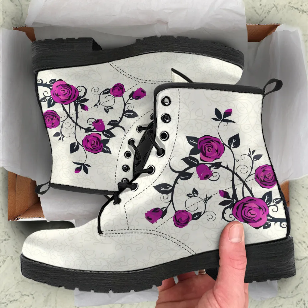 Combat Boots - Rose Art, Purple | Unisex Adult Shoes, Vegan Leather Handmade Lace Up Boots, Custom Shoes Boho, Vintage Style, Aesthetic