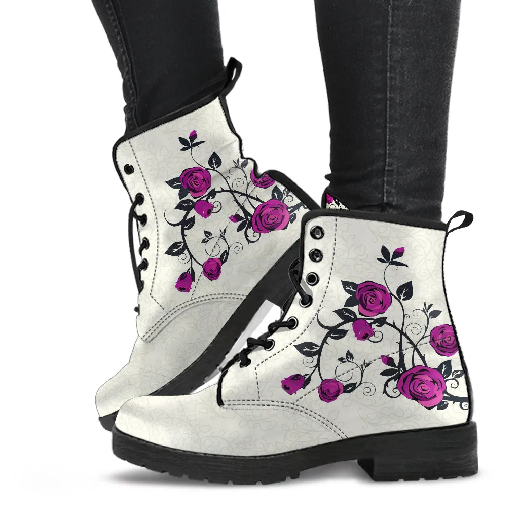 Combat Boots - Rose Art, Purple | Unisex Adult Shoes, Vegan Leather Handmade Lace Up Boots, Custom Shoes Boho, Vintage Style, Aesthetic