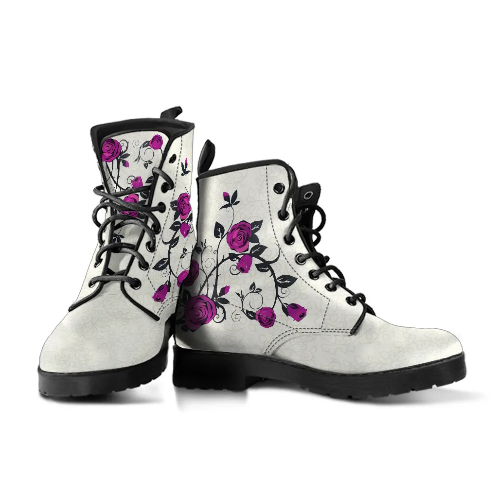 Combat Boots - Rose Art, Purple | Unisex Adult Shoes, Vegan Leather Handmade Lace Up Boots, Custom Shoes Boho, Vintage Style, Aesthetic