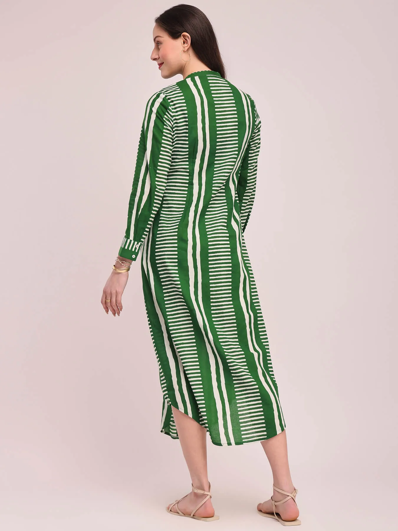 Cotton Geometric Print Shirt Dress - Green
