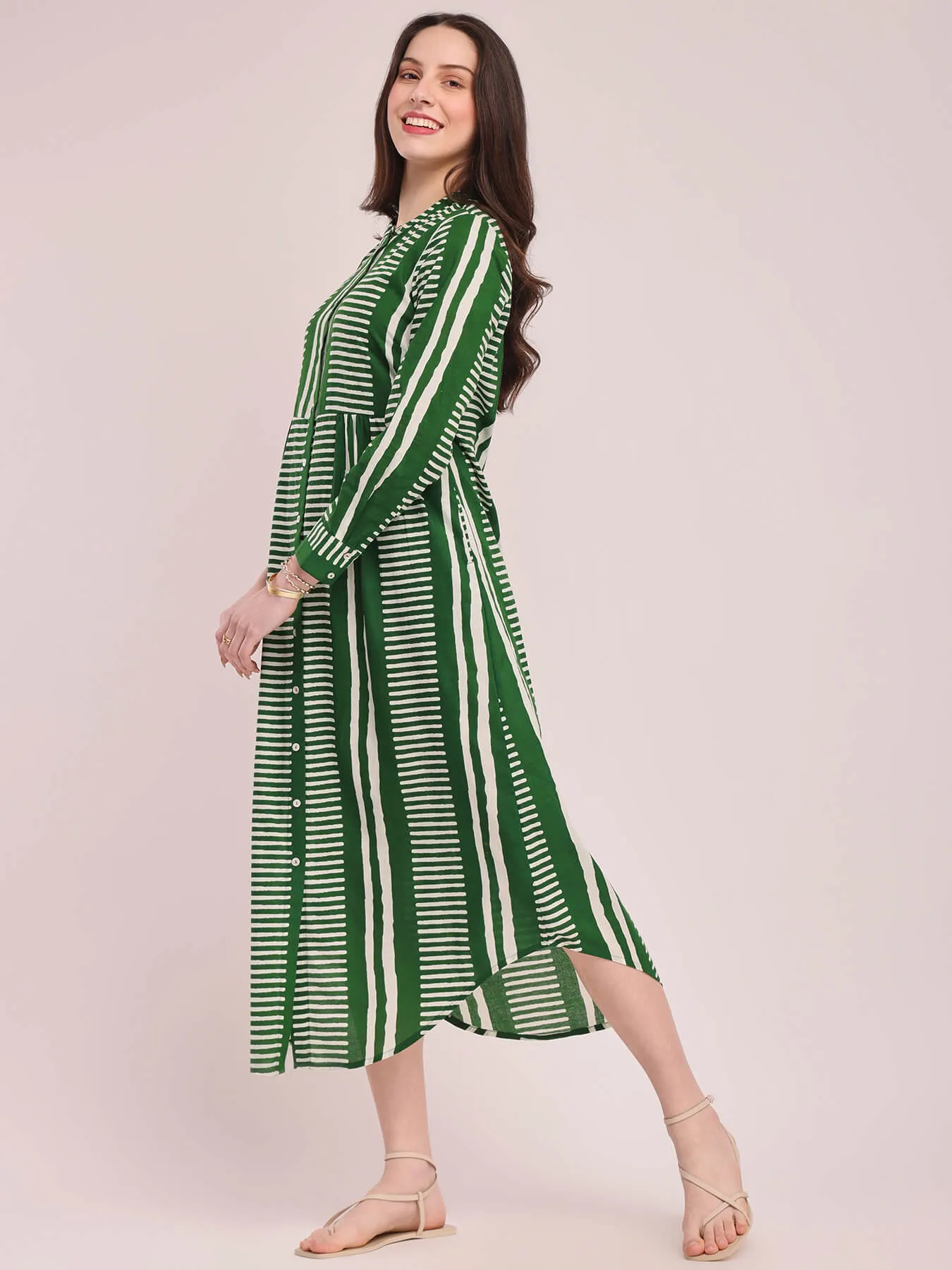Cotton Geometric Print Shirt Dress - Green