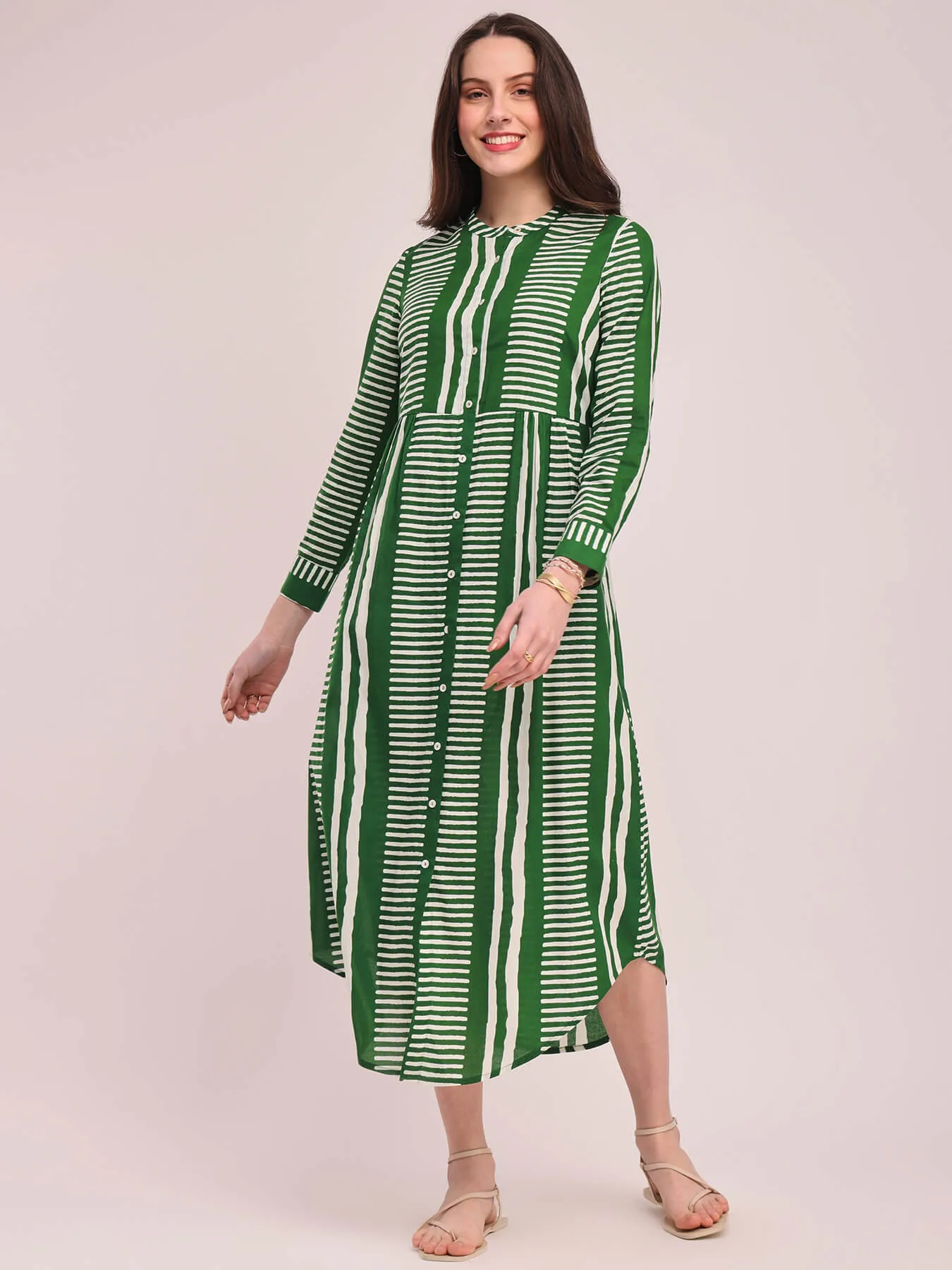 Cotton Geometric Print Shirt Dress - Green