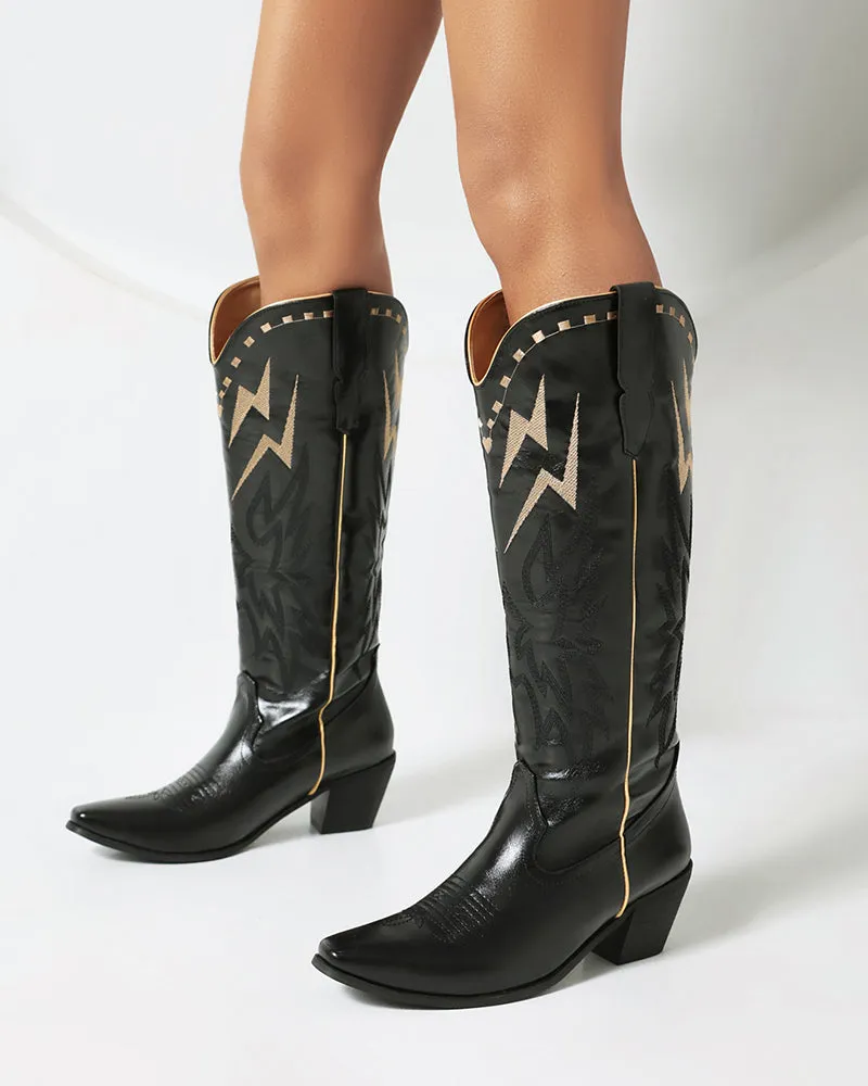 Lightning Embroidered Knee High Block Heel Boots