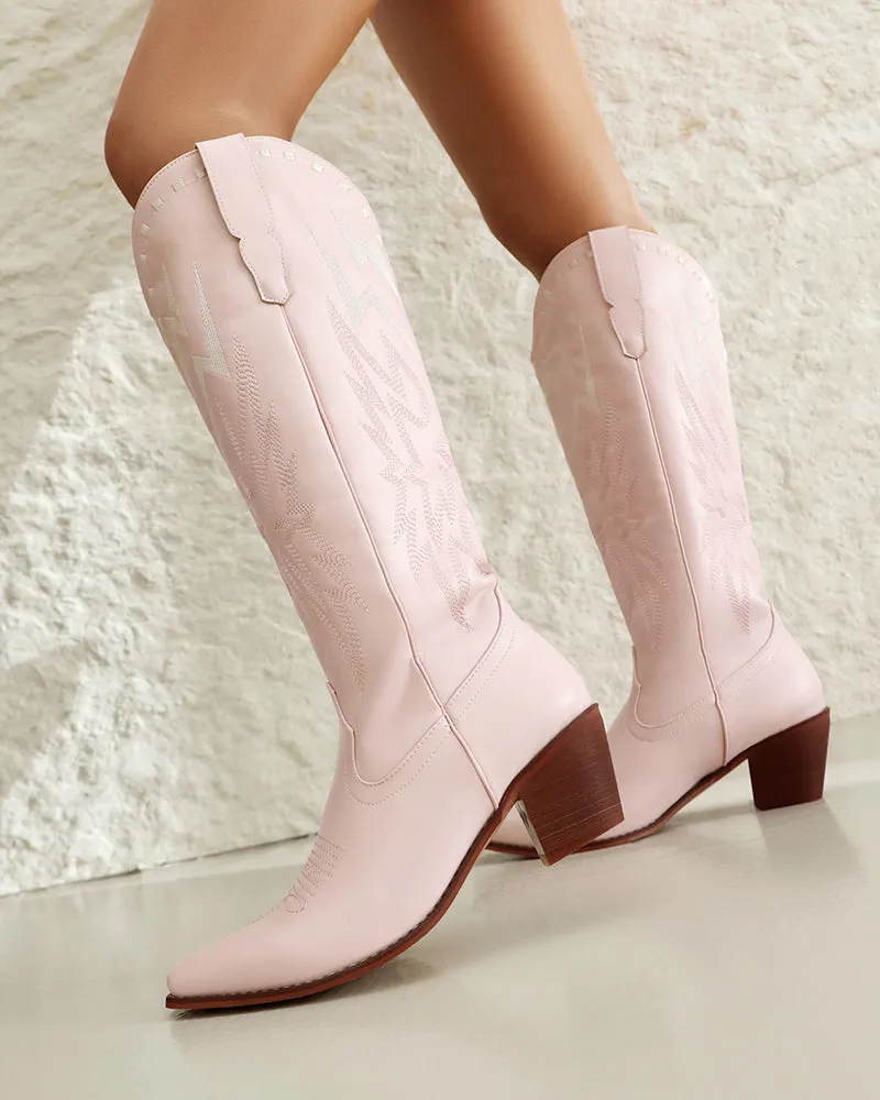 Lightning Embroidered Knee High Block Heel Boots