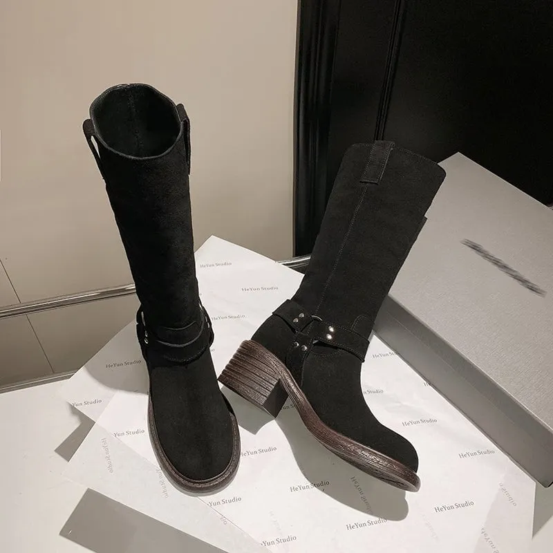 Vintage Satin Slouchy Mid Calf Boots with Buckle Detail Brown/Black