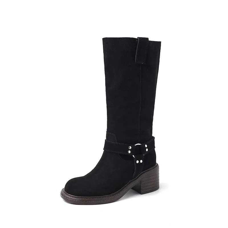 Vintage Satin Slouchy Mid Calf Boots with Buckle Detail Brown/Black