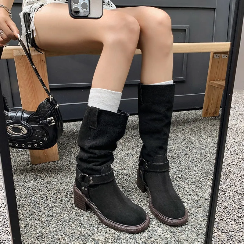 Vintage Satin Slouchy Mid Calf Boots with Buckle Detail Brown/Black
