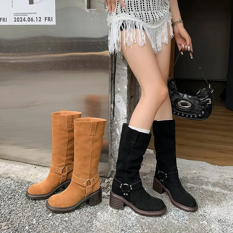 Vintage Satin Slouchy Mid Calf Boots with Buckle Detail Brown/Black