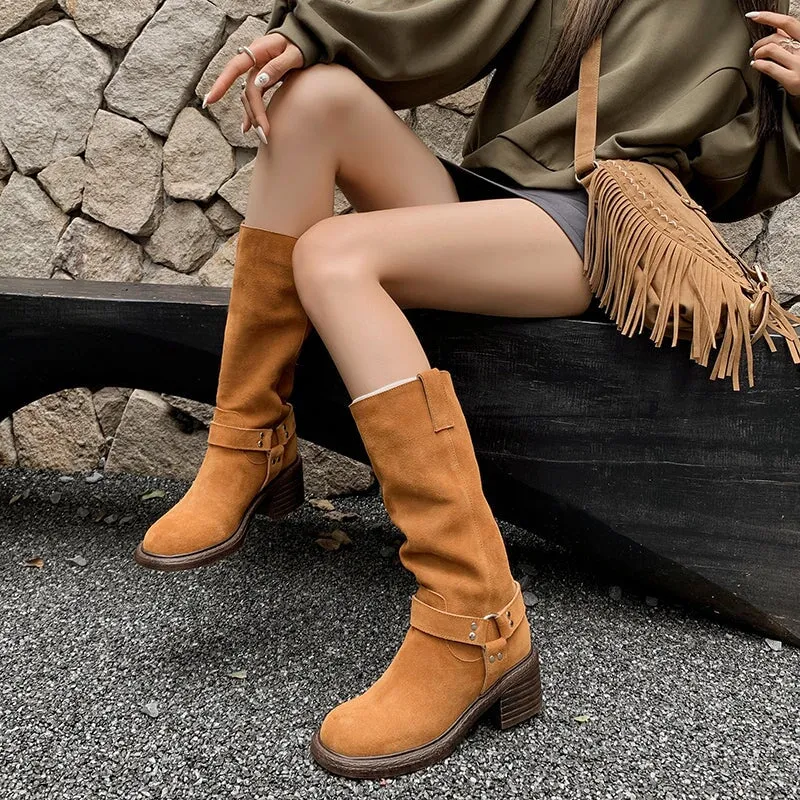 Vintage Satin Slouchy Mid Calf Boots with Buckle Detail Brown/Black