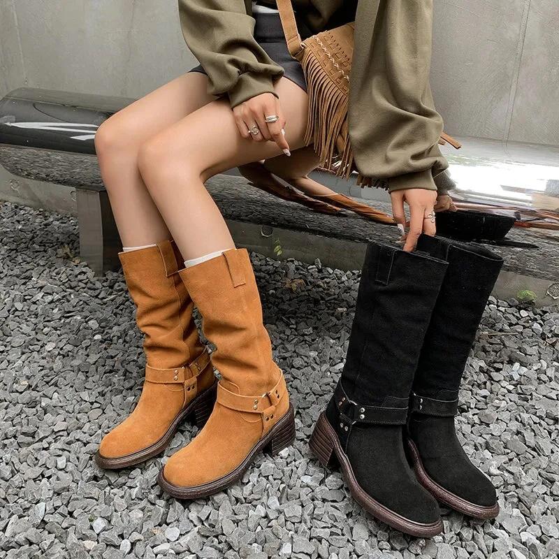 Vintage Satin Slouchy Mid Calf Boots with Buckle Detail Brown/Black