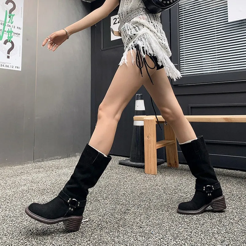 Vintage Satin Slouchy Mid Calf Boots with Buckle Detail Brown/Black