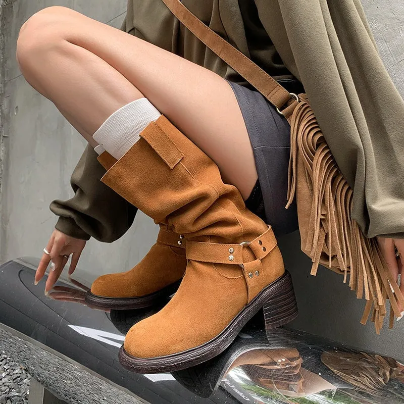 Vintage Satin Slouchy Mid Calf Boots with Buckle Detail Brown/Black