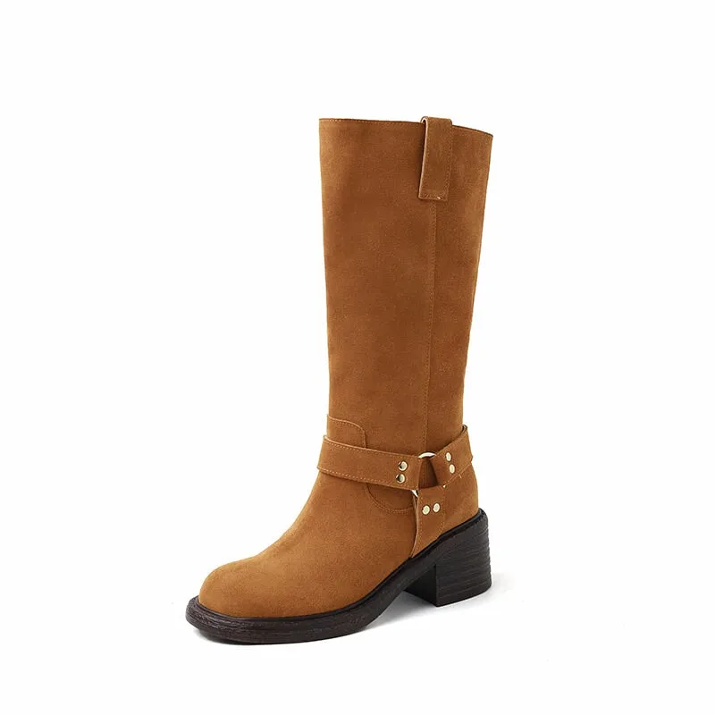 Vintage Satin Slouchy Mid Calf Boots with Buckle Detail Brown/Black