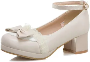 VOKLIN Women's Girls Lolita Mary Janes Pumps Cute Bow Ankle Strap Block Mid Heel Cosplay Oxford Dress Shoes