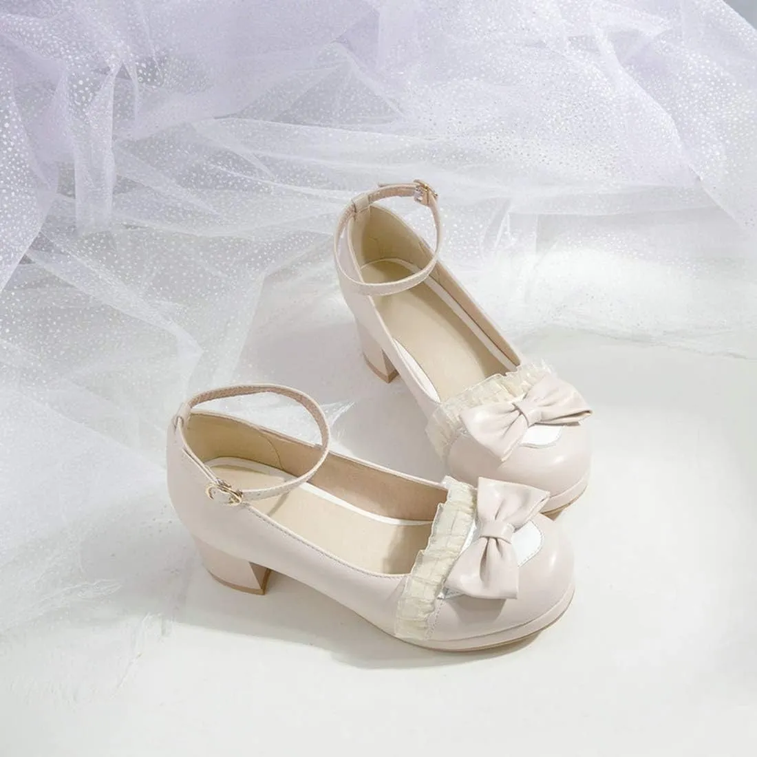 VOKLIN Women's Girls Lolita Mary Janes Pumps Cute Bow Ankle Strap Block Mid Heel Cosplay Oxford Dress Shoes