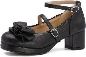 VOKLIN Women's Girls Lolita Mary Janes Pumps Princess Sweet Bow Ankle Strap Block Mid Heel Oxford Dress Shoes