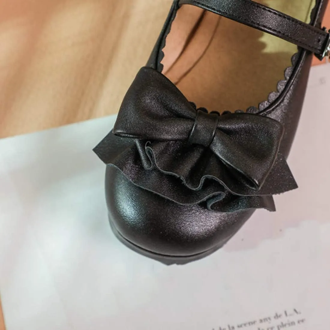 VOKLIN Women's Girls Lolita Mary Janes Pumps Princess Sweet Bow Ankle Strap Block Mid Heel Oxford Dress Shoes