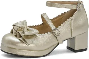 VOKLIN Women's Girls Lolita Mary Janes Pumps Princess Sweet Bow Ankle Strap Block Mid Heel Oxford Dress Shoes