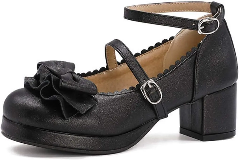 VOKLIN Women's Girls Lolita Mary Janes Pumps Princess Sweet Bow Ankle Strap Block Mid Heel Oxford Dress Shoes