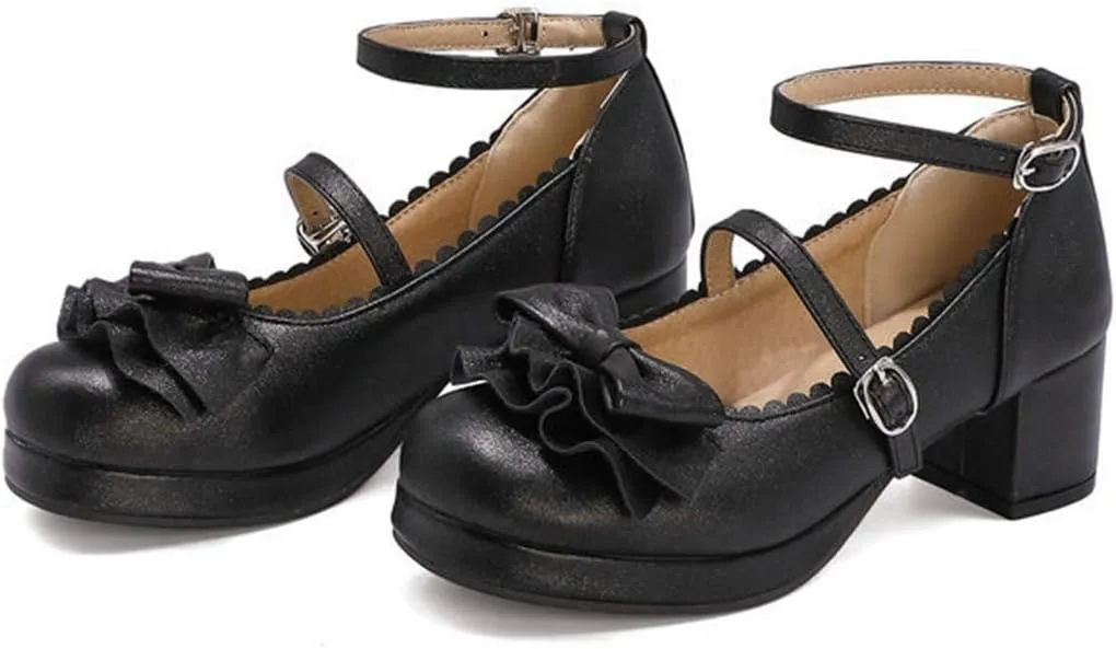 VOKLIN Women's Girls Lolita Mary Janes Pumps Princess Sweet Bow Ankle Strap Block Mid Heel Oxford Dress Shoes