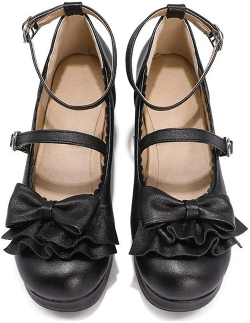 VOKLIN Women's Girls Lolita Mary Janes Pumps Princess Sweet Bow Ankle Strap Block Mid Heel Oxford Dress Shoes