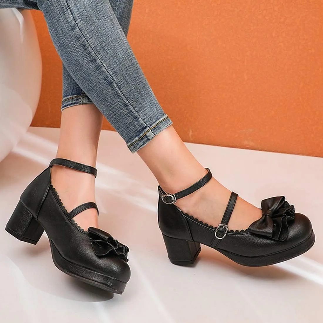 VOKLIN Women's Girls Lolita Mary Janes Pumps Princess Sweet Bow Ankle Strap Block Mid Heel Oxford Dress Shoes