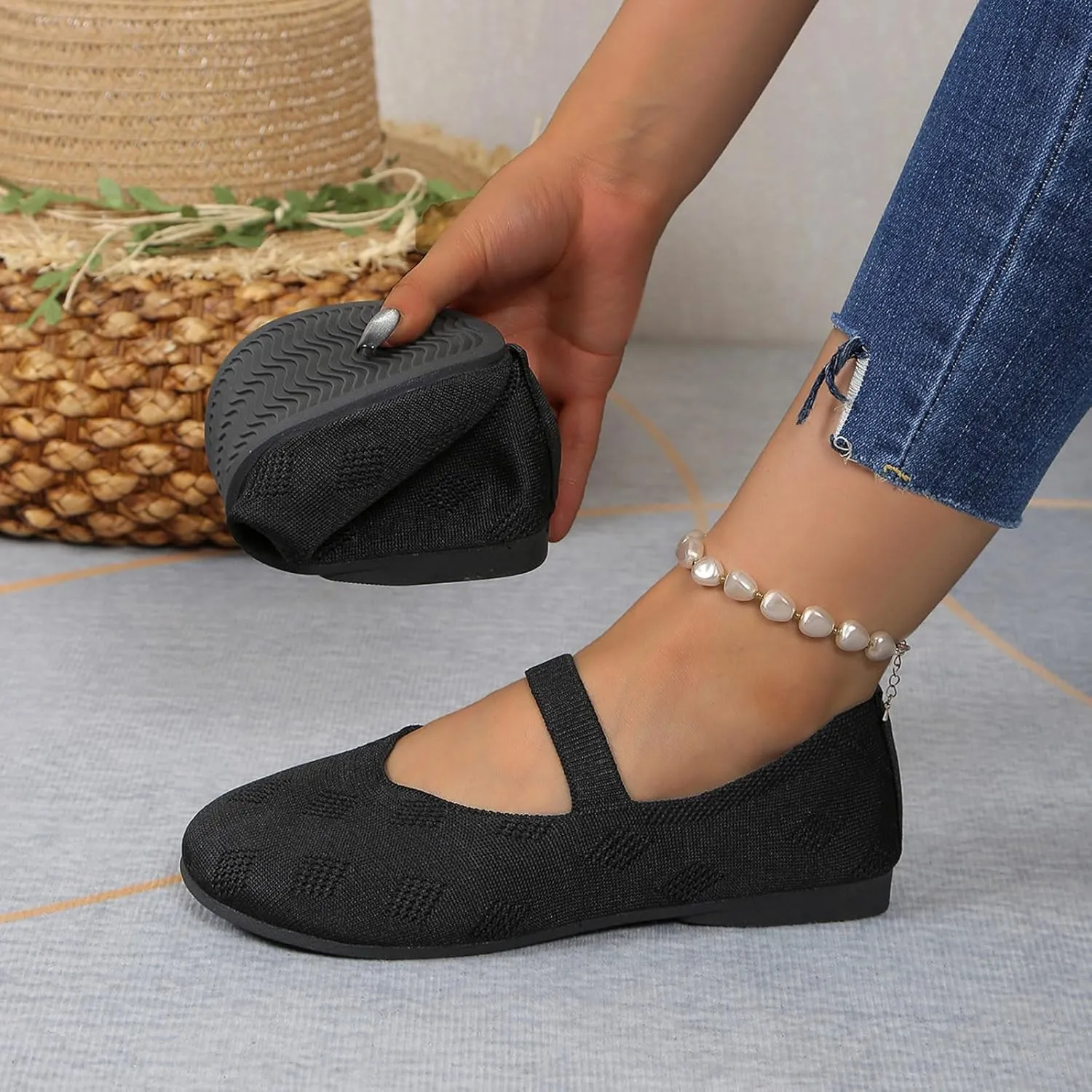 Women Black Ballet Shoes Mesh Slip on Flat Casual Shoes Dance Comdortable Breathable Lightweight Flat Shoes