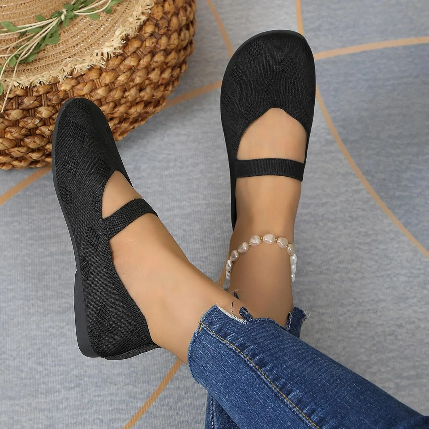 Women Black Ballet Shoes Mesh Slip on Flat Casual Shoes Dance Comdortable Breathable Lightweight Flat Shoes