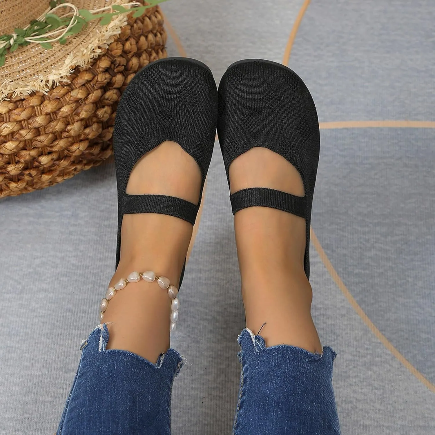 Women Black Ballet Shoes Mesh Slip on Flat Casual Shoes Dance Comdortable Breathable Lightweight Flat Shoes
