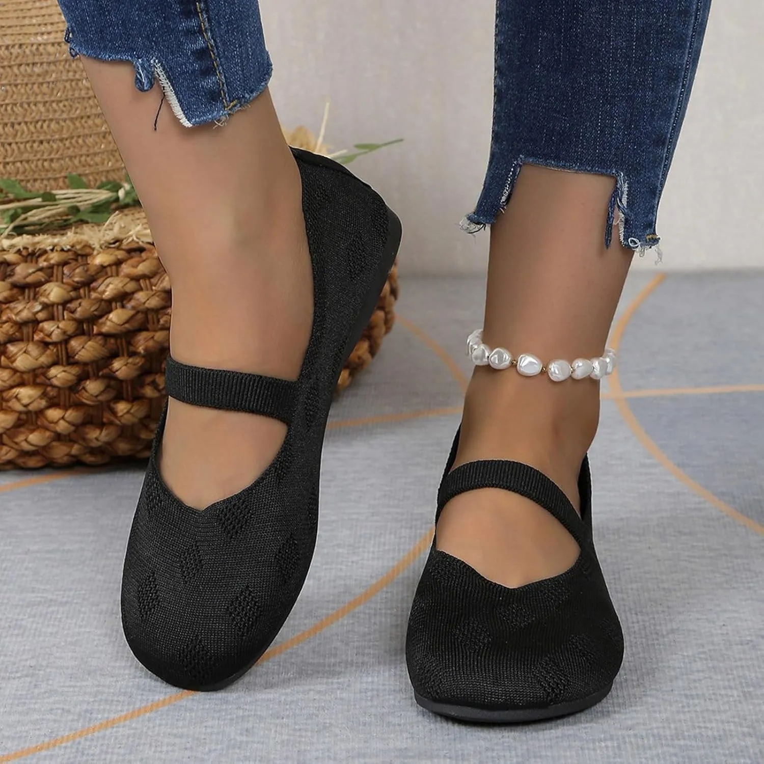 Women Black Ballet Shoes Mesh Slip on Flat Casual Shoes Dance Comdortable Breathable Lightweight Flat Shoes