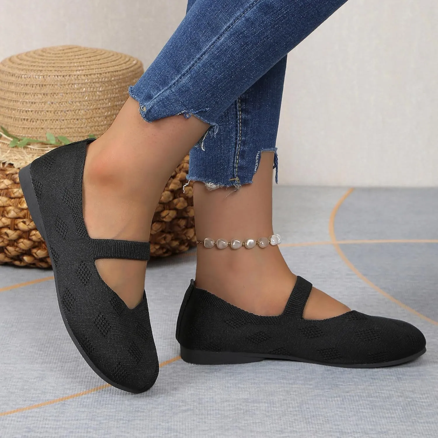 Women Black Ballet Shoes Mesh Slip on Flat Casual Shoes Dance Comdortable Breathable Lightweight Flat Shoes